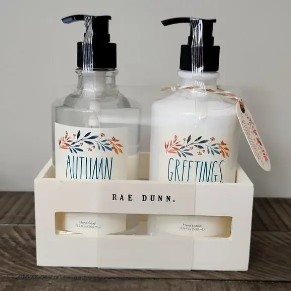 🍁🍎Rae Dunn "Autumn Greetings" Hand Soap & Lotion Duo Cranberry Apple Scented - Picture 1 of 4